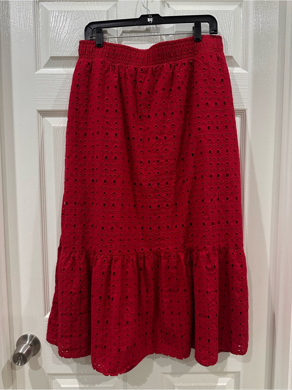 Time and Tru Red Eyelet Midi Skirt with Ruffle Hem